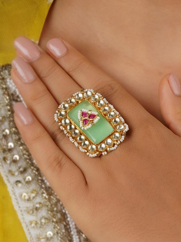 Multicolor Gold Plated Jadau Kundan Ring - TK-RNG26B