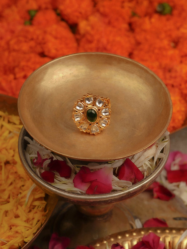 Green Color Gold Plated Jadau Kundan Ring - TK-RNG2WGR