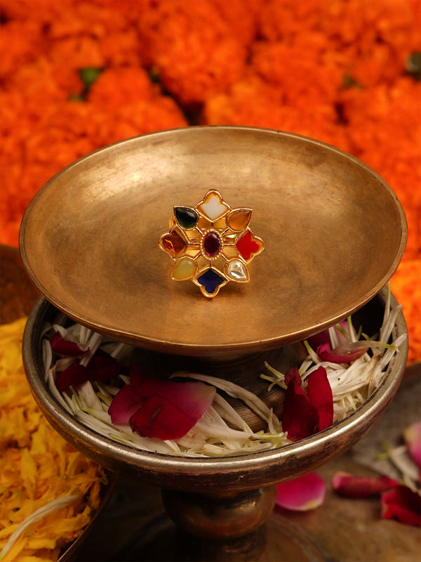 Navratna Gold Plated Jadau Kundan Ring - TK-RNG4N