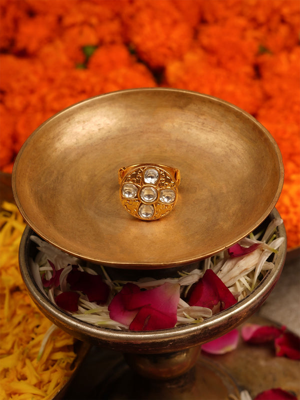 White Color Gold Plated Jadau Kundan Ring - TK-RNG5