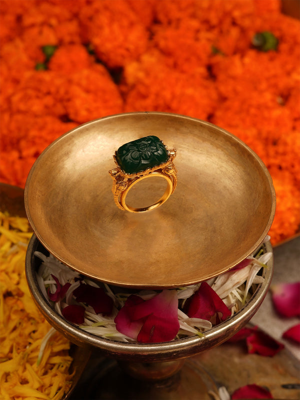 Green Color Gold Plated Jadau Kundan Ring - TK-RNG6GR