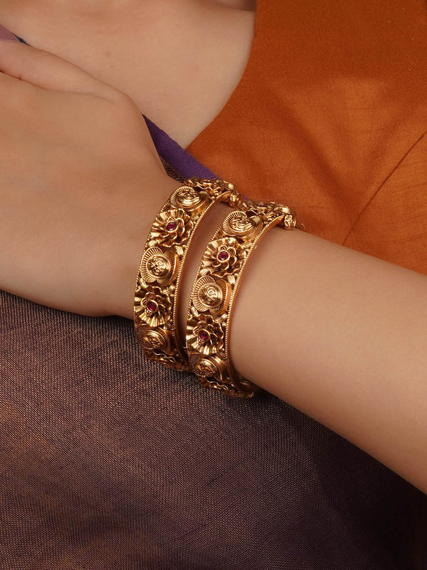 Pink Color Gold Plated Temple Bangles (One Pair) - TMPBAN101