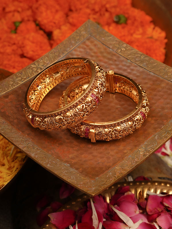 Pink Color Gold Plated Temple Bangles - TMPBAN106P