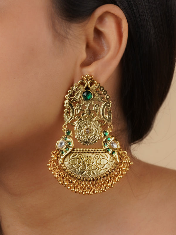 TMPEAR631GR - Green Color Gold Plated Temple Earrings