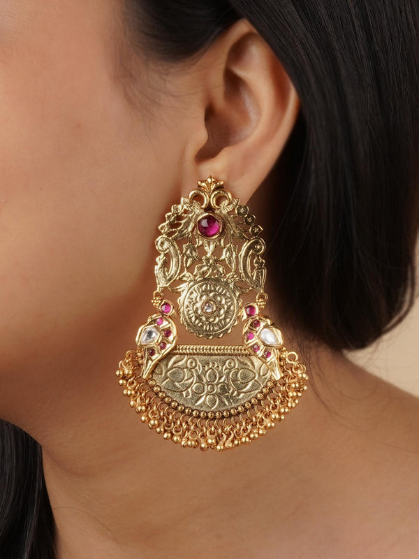 TMPEAR631P - Pink Color Gold Plated Temple Earrings