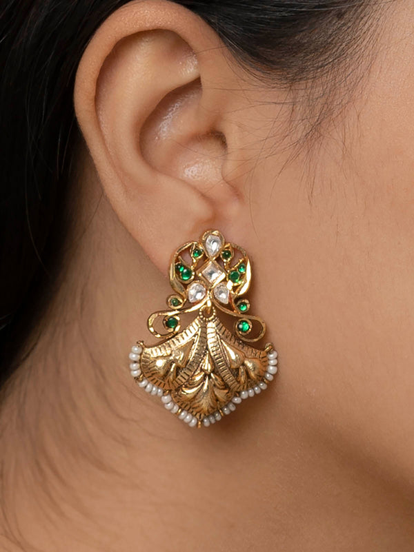 TMPEAR636 - Green Color Gold Plated Temple Earrings