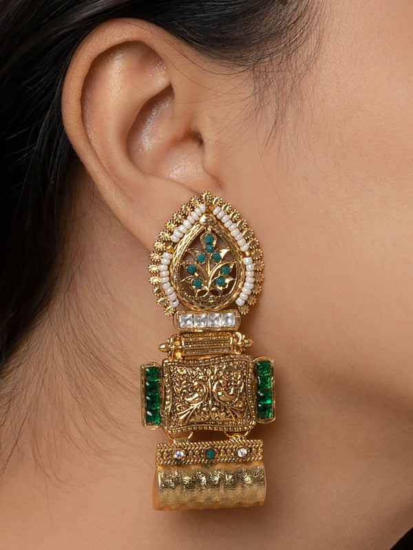 TMPEAR637 - Green Color Gold Plated Temple Earrings