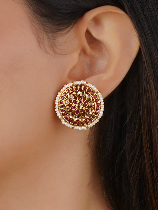 TMPEAR65WP - Pink Color Gold Plated Temple Earrings