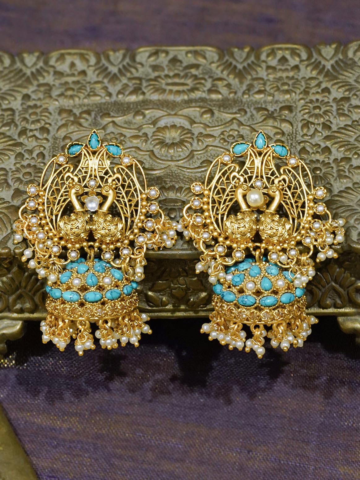 TMPEAR67F - Firoza Color Gold Plated Temple Earrings