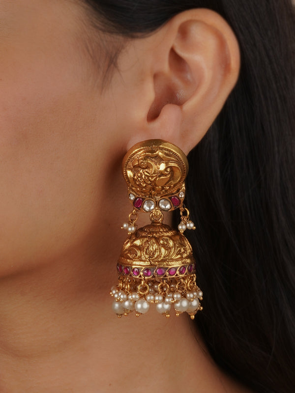 TMPEAR82 - Pink Color Gold Plated Temple Earrings