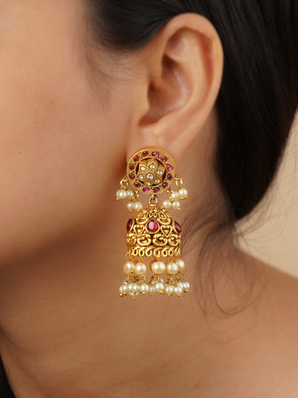 TMPEAR84M - Pink Color Gold Plated Temple Earrings