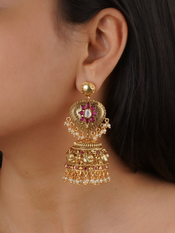 TMPEAR85P - Pink Color Gold Plated Temple Earrings