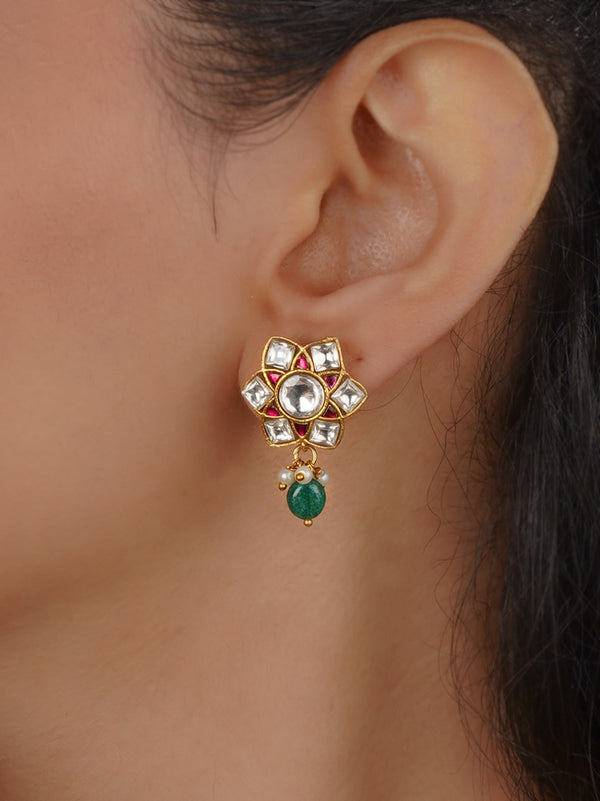 Pink Color Gold Plated Temple Earrings - TMPEAR96WP