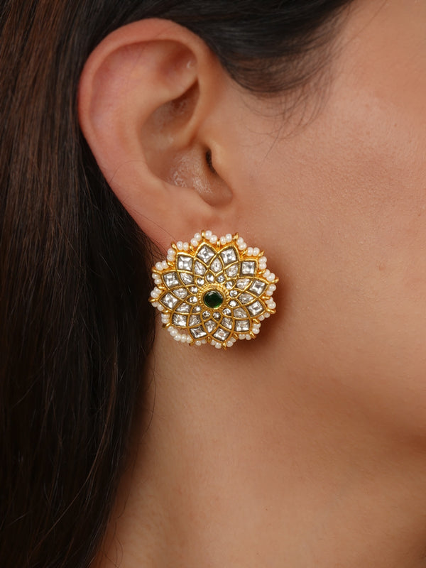 Green Color Gold Plated Temple Earrings - TMPEAR99WGR