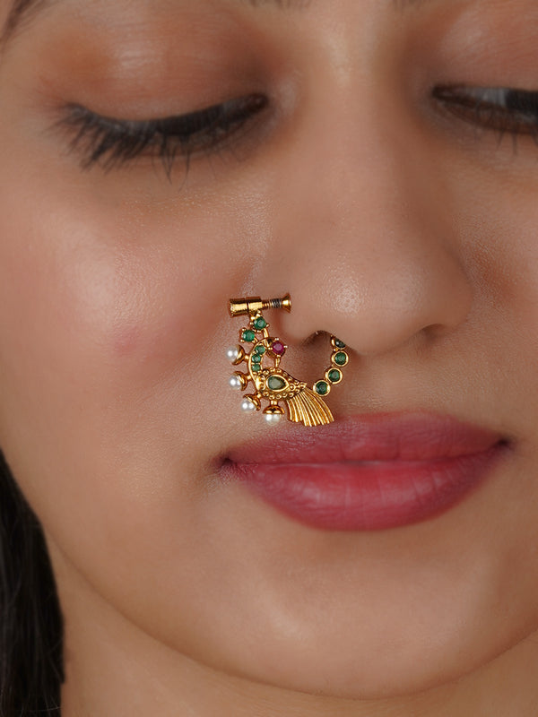 Green Color Gold Plated Temple Nosering - TMPNTH40GR