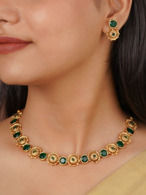 Green Color Gold Plated Temple Necklace Set - TMPSET145GR