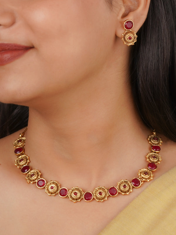 TMPSET145P - Maroon Color Gold Plated Temple Necklace Set