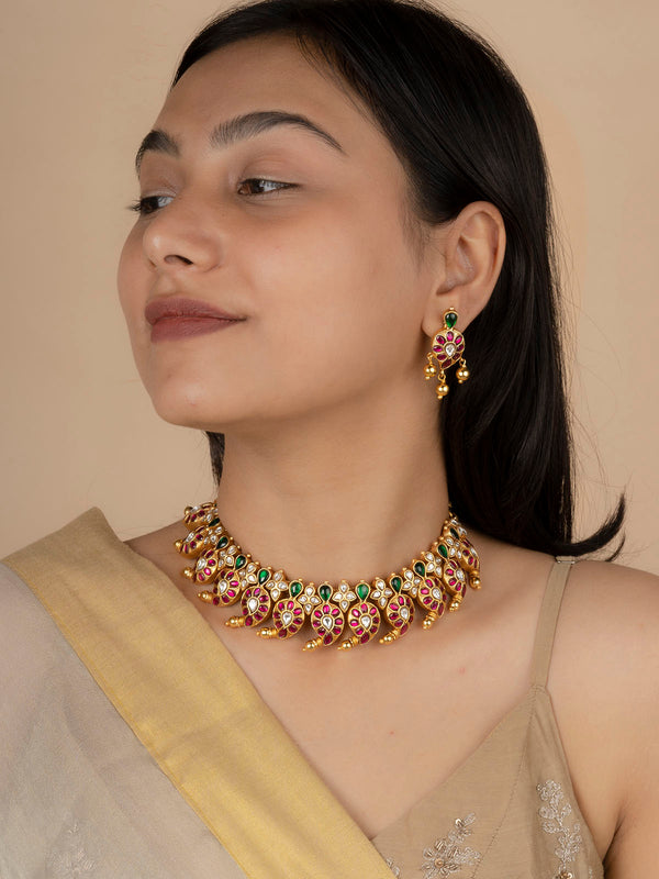 TMPSET195M - Multicolor Gold Plated Temple Short Necklace Set