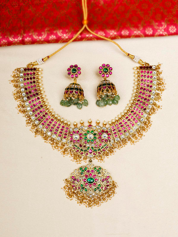 TMPSET196MA - Multicolor Gold Plated Temple Necklace Set
