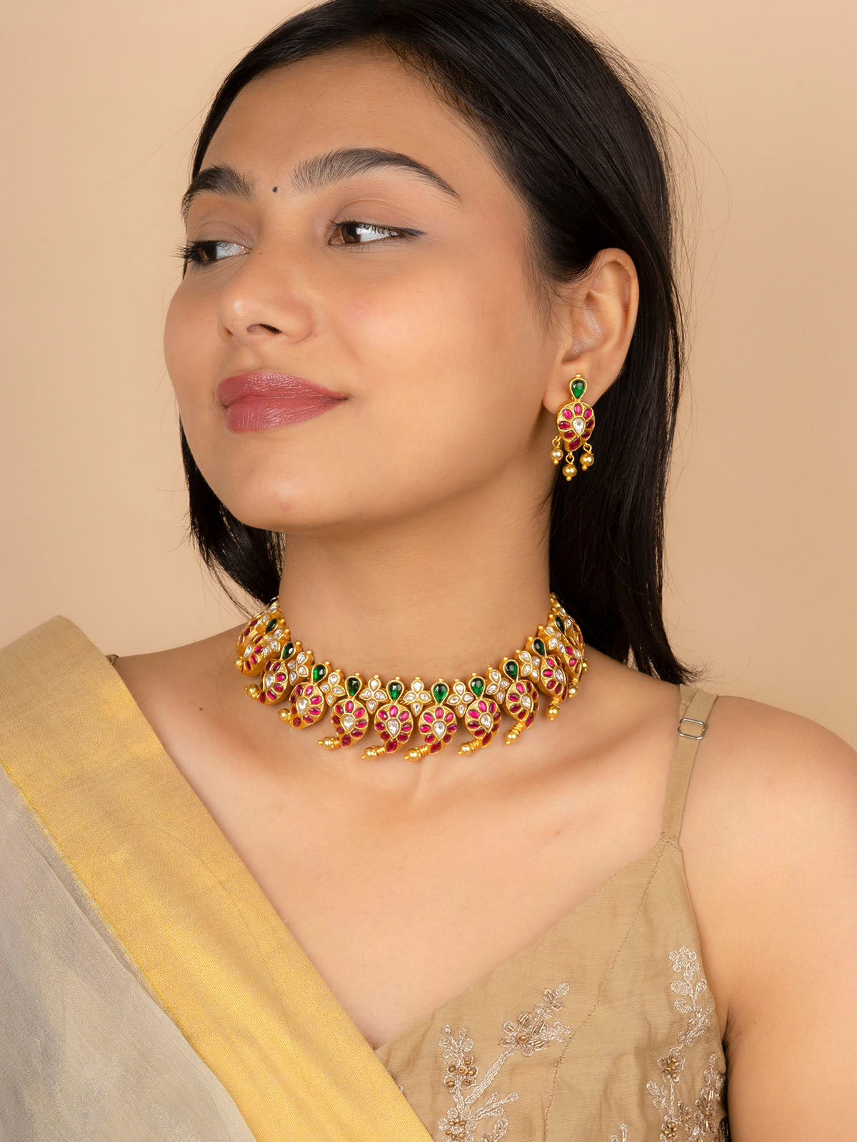 TMPSET198MA - Multicolor Gold Plated Temple Necklace Set
