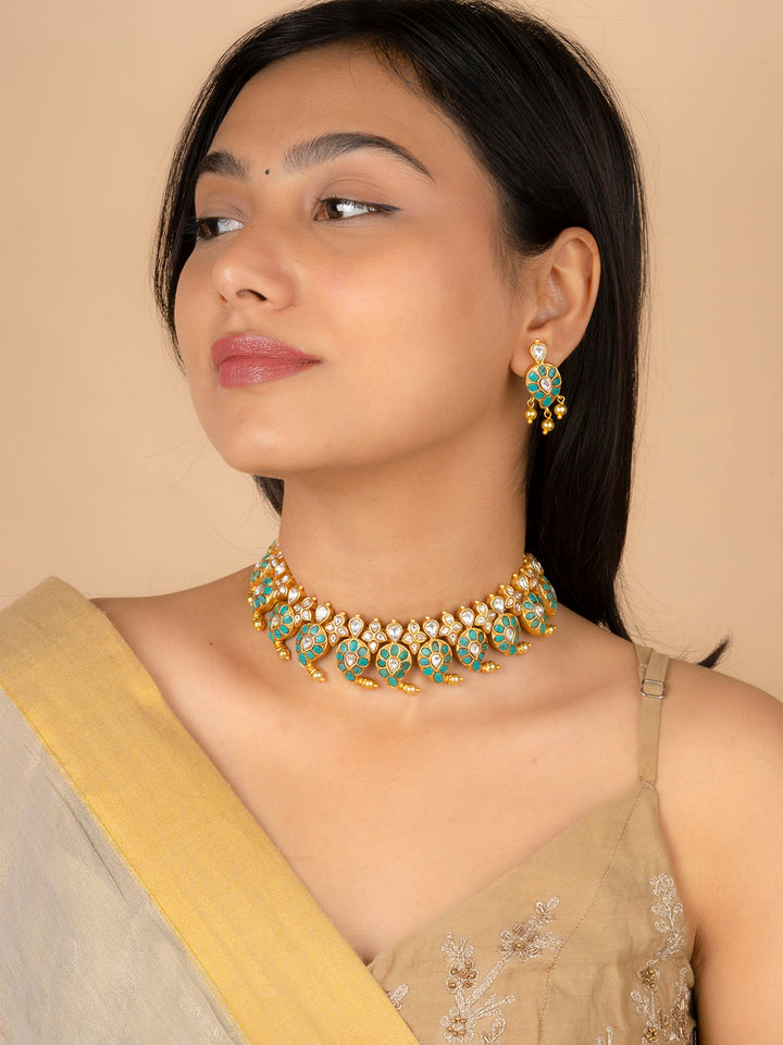TMPSET198WF - Green Color Gold Plated Temple Necklace Set