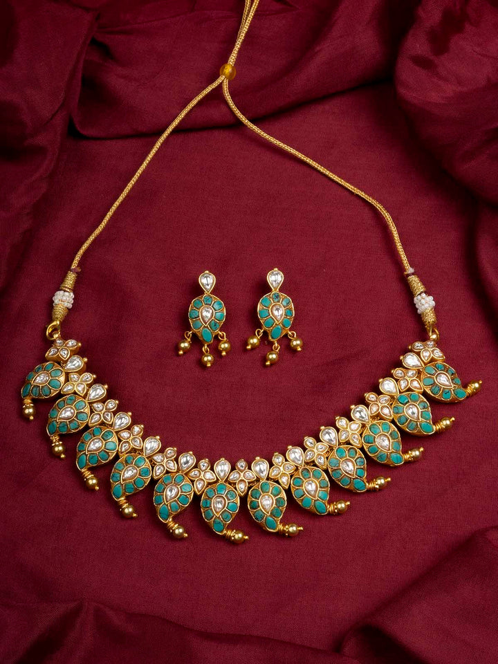 TMPSET198WF - Green Color Gold Plated Temple Necklace Set
