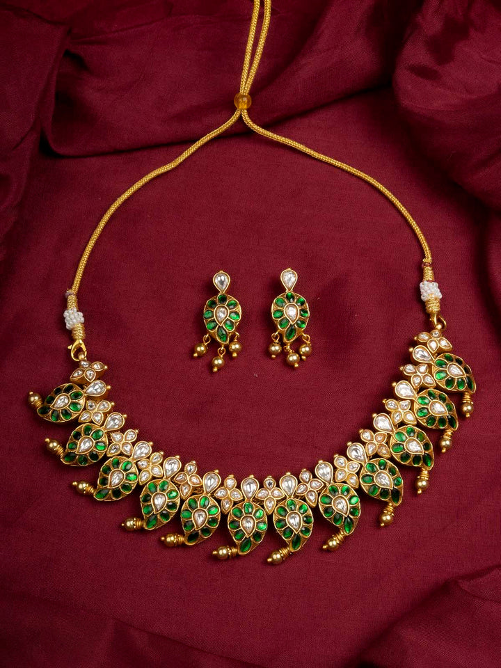 TMPSET198WGR - Green Color Gold Plated Temple Necklace Set