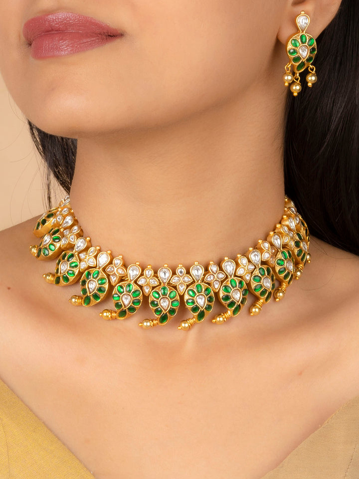 TMPSET198WGR - Green Color Gold Plated Temple Necklace Set