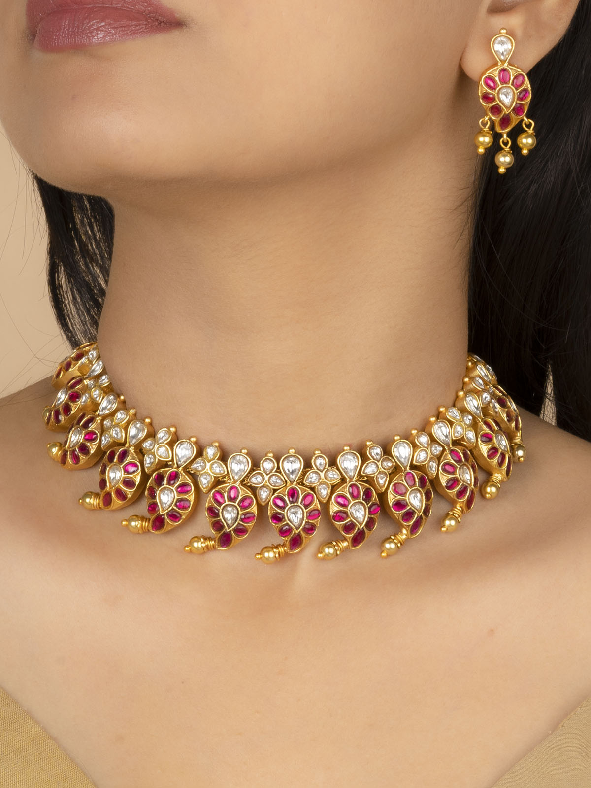 TMPSET198WP - Pink Color Gold Plated Temple Necklace Set