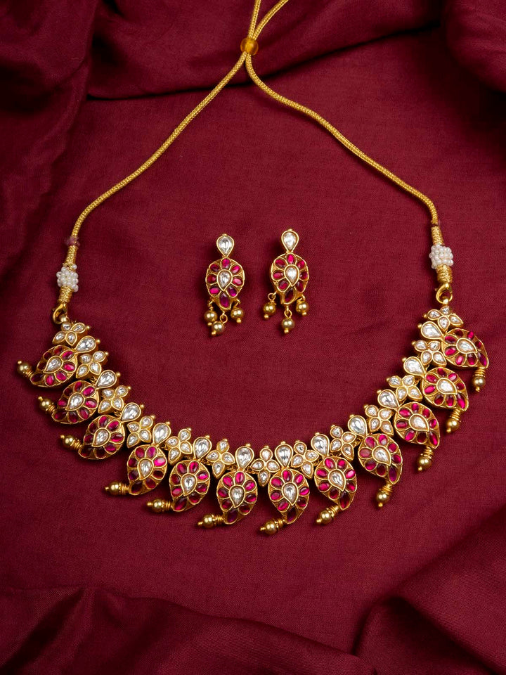 TMPSET198WP - Pink Color Gold Plated Temple Necklace Set