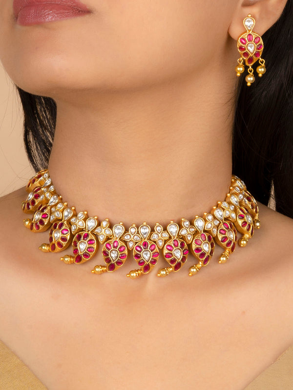 TMPSET198WP - Pink Color Gold Plated Temple Necklace Set