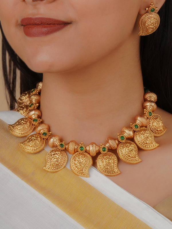 TMPSET211GR - Green Color Gold Plated Temple Necklace Set