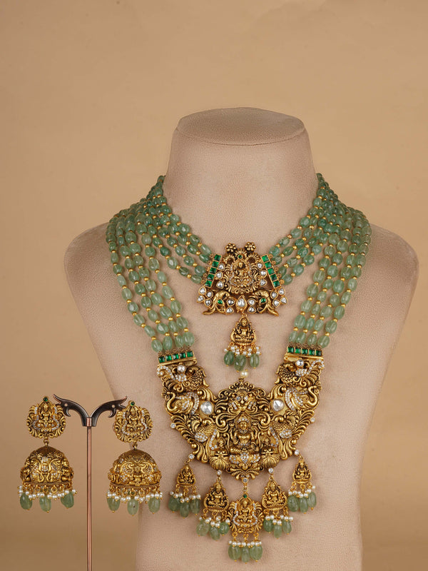 TMPSET225 - Green Color Gold Plated Temple Necklace Set