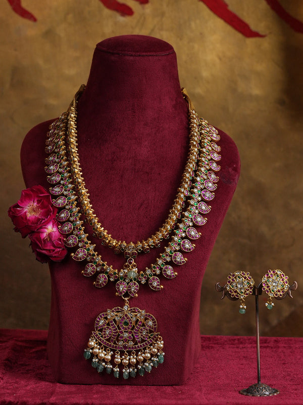 Multicolor Gold Plated Temple Necklace Set - TMPSET236M