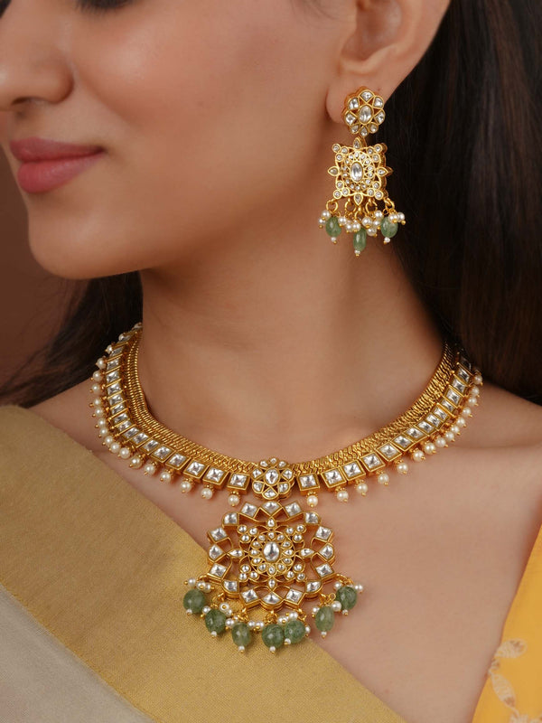 Green Color Gold Plated Temple Necklace Set - TMPSET237