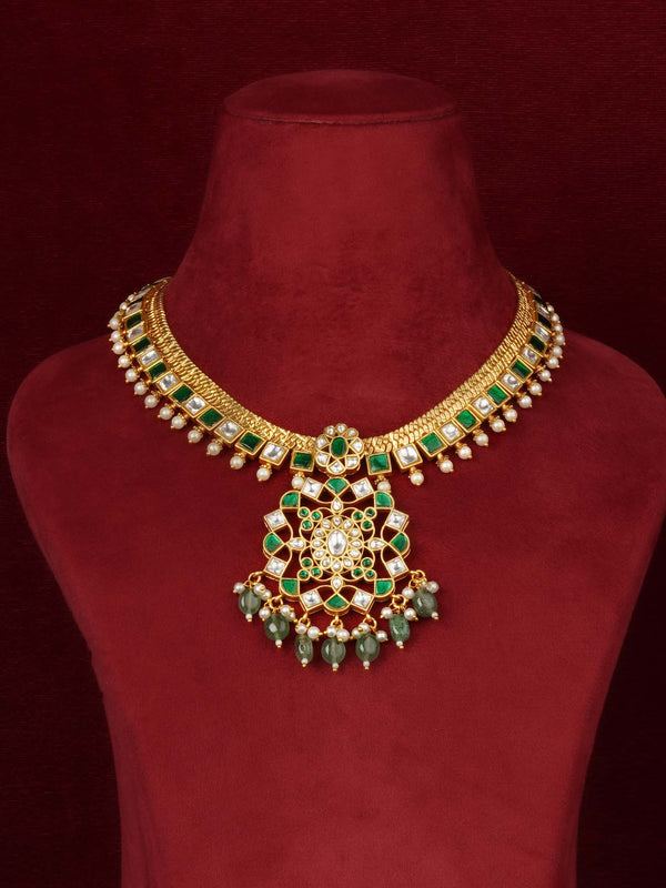 Green Color Gold Plated Temple Necklace Set - TMPSET237WGR