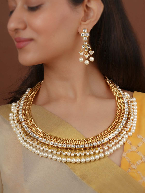 White Color Gold Plated Temple Necklace Set - TMPSET242