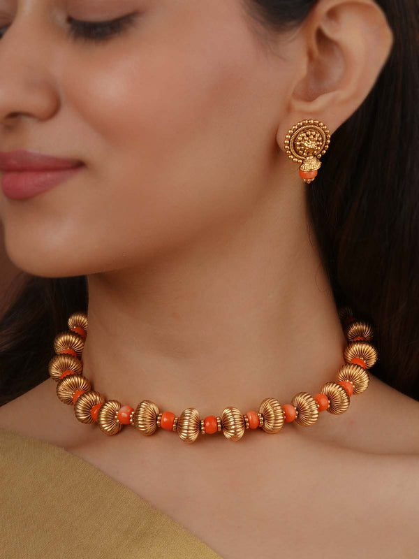 Orange Gold Plated Temple Necklace Set - TMPSET244