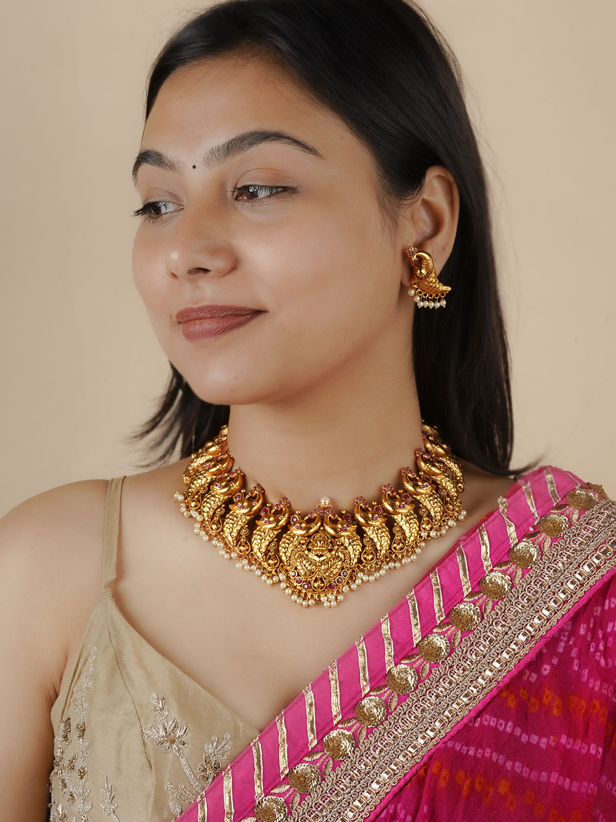 TMPSET267 - Pink Color Gold Plated Temple Necklace Set