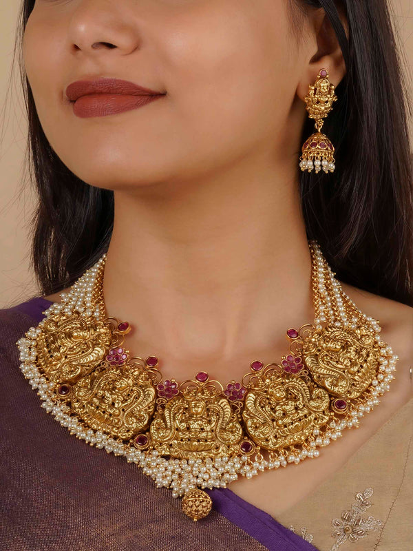 TMPSET615 - Pink Color Gold Plated Temple Necklace Set