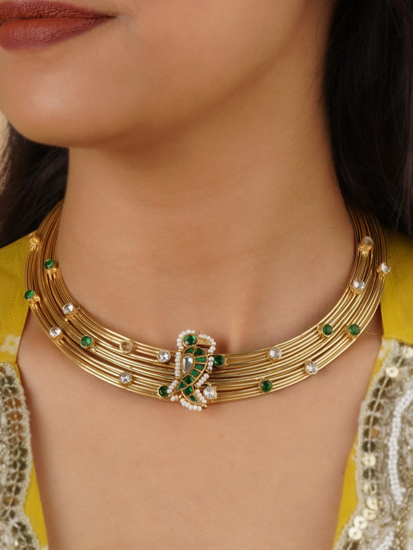 TR-N124G - Green Color Gold Plated Necklace