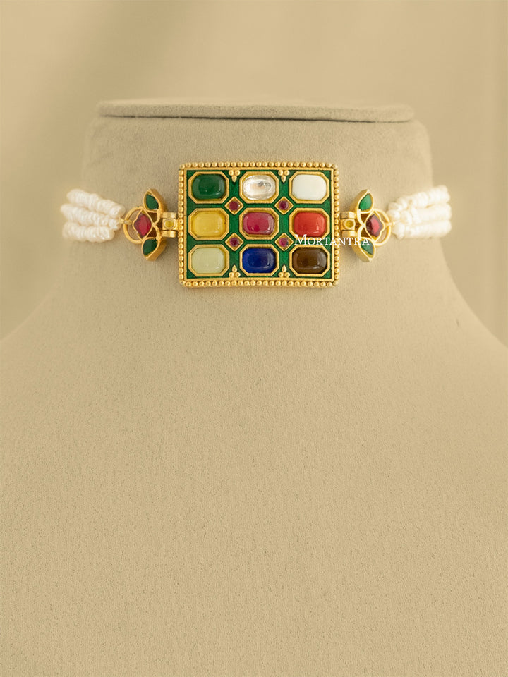 TR-N298N - Multicolor Navratna Jadau Kundan Choker Necklace