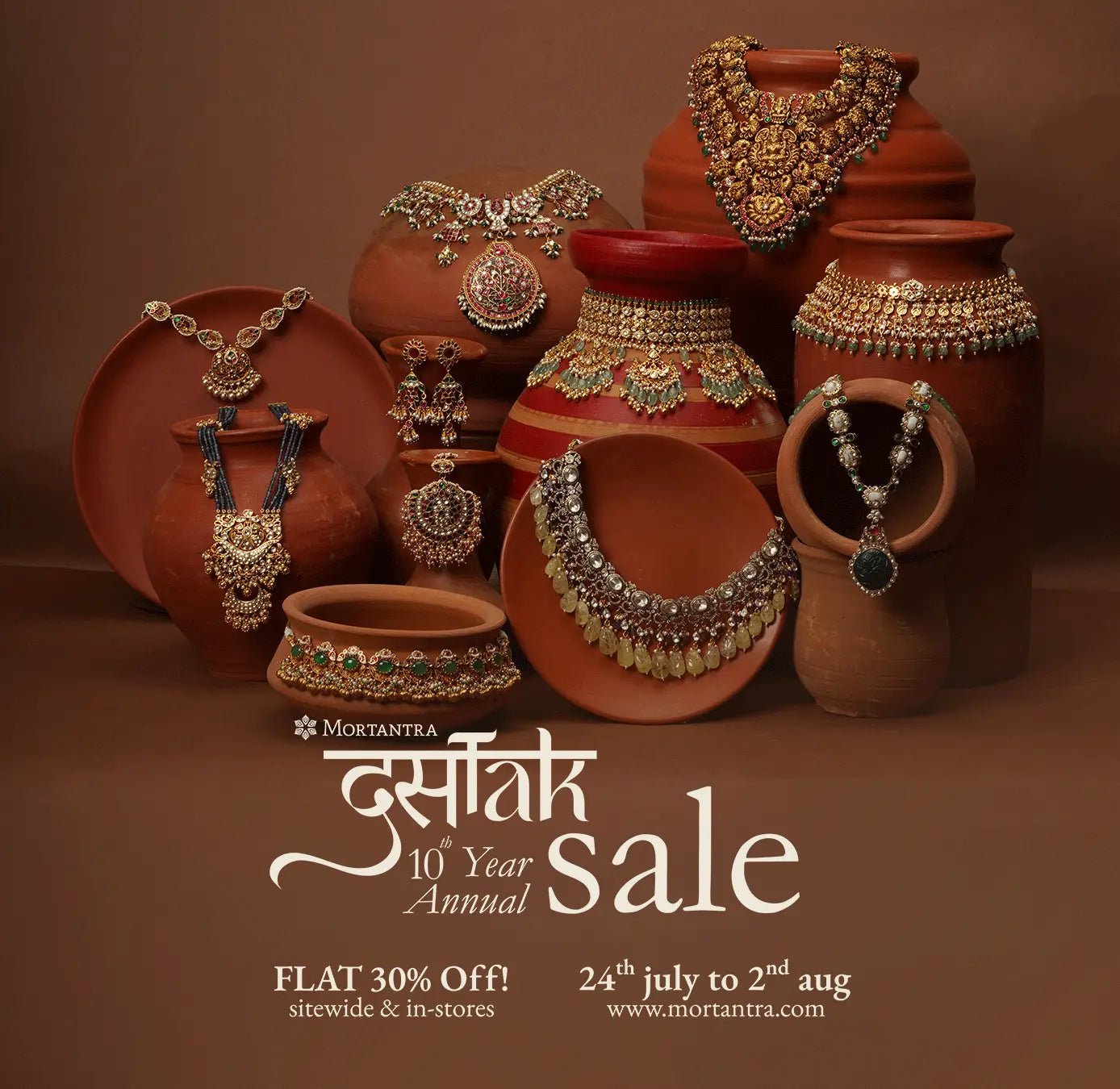 Mortantra 10th Annual Sale banner featuring handcrafted Indian jewellery with 30% off sitewide and in stores from 24 July to 2 August.