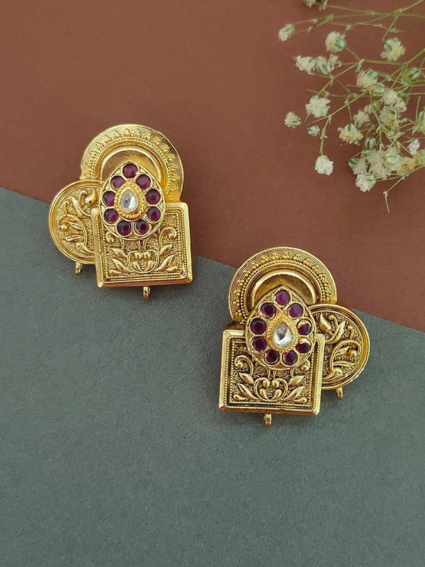 CSTEAR210P - Dark Pink Color Gold Plated Costume Earrings
