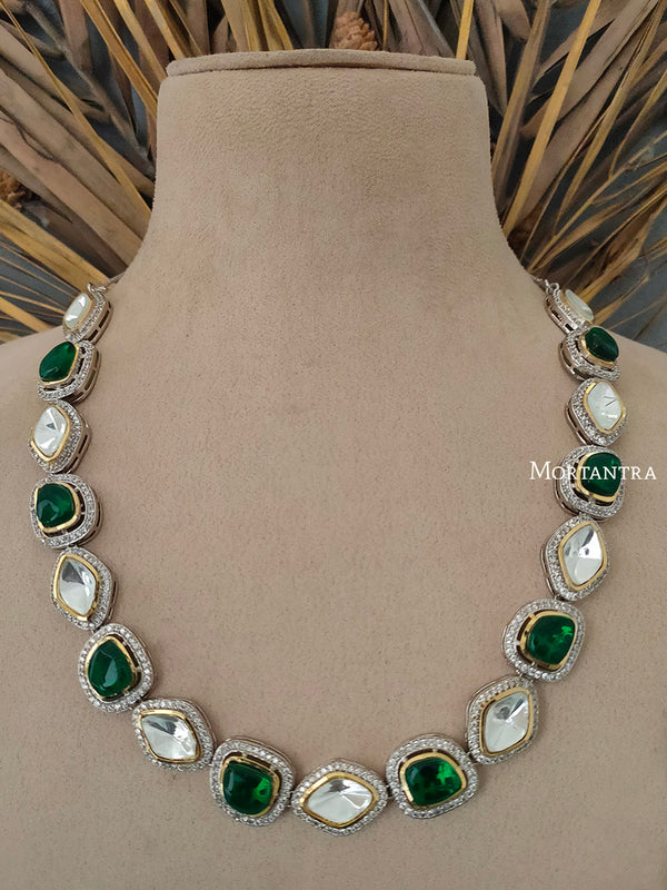 PK-S10GR - Green Color Gold Plated Faux Diamond Long Necklace Set