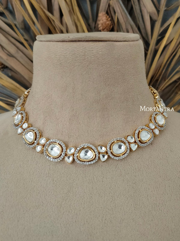 PK-S11 - White Color Gold Plated Faux Diamond Short Necklace Set