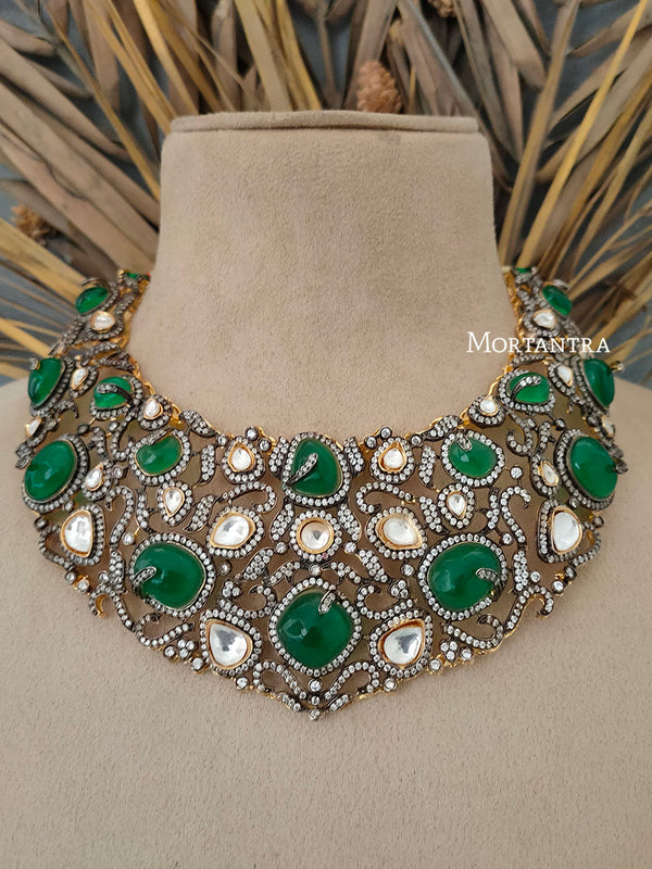 PK-S13GR - Green Color Faux Diamond Medium Necklace Set