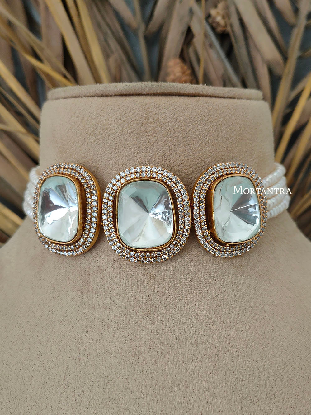PK-S17 - White Color Gold Finish Faux Diamond Choker Necklace Set