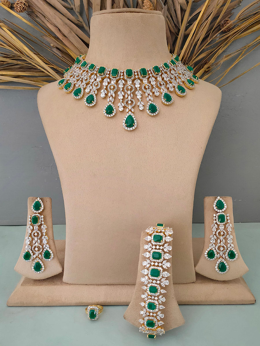 Green Gold Plated Diamond Bridal Necklace Set