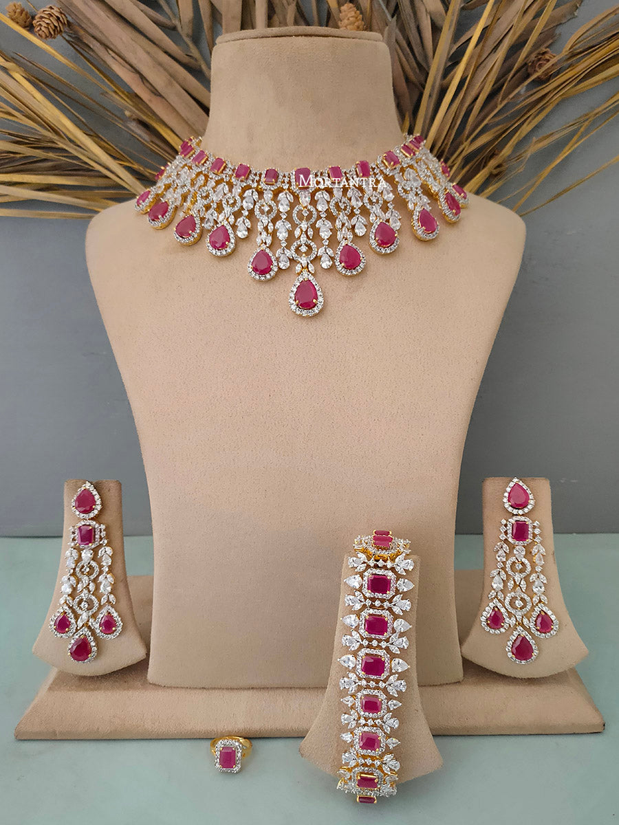 White & Pink ADNSL0001 American Diamond Necklace Set, Size: Adjustable